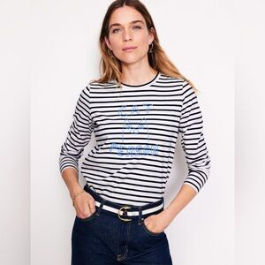 Boden Black and Ivory Striped Embroidered Cat Person long sleeve 100% cotton tee